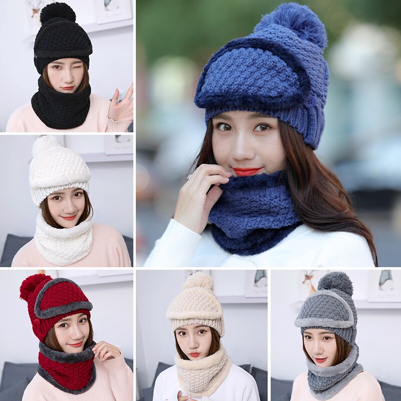 New Winter Knitted Hat Scarf Caps Set For Women Thick Beanies Caps Ear