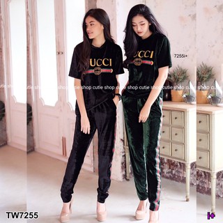 (7255) Set 2ชิ้น เสื้อสกรีน คู่กับกางเกงขายาว แต่งแถบ