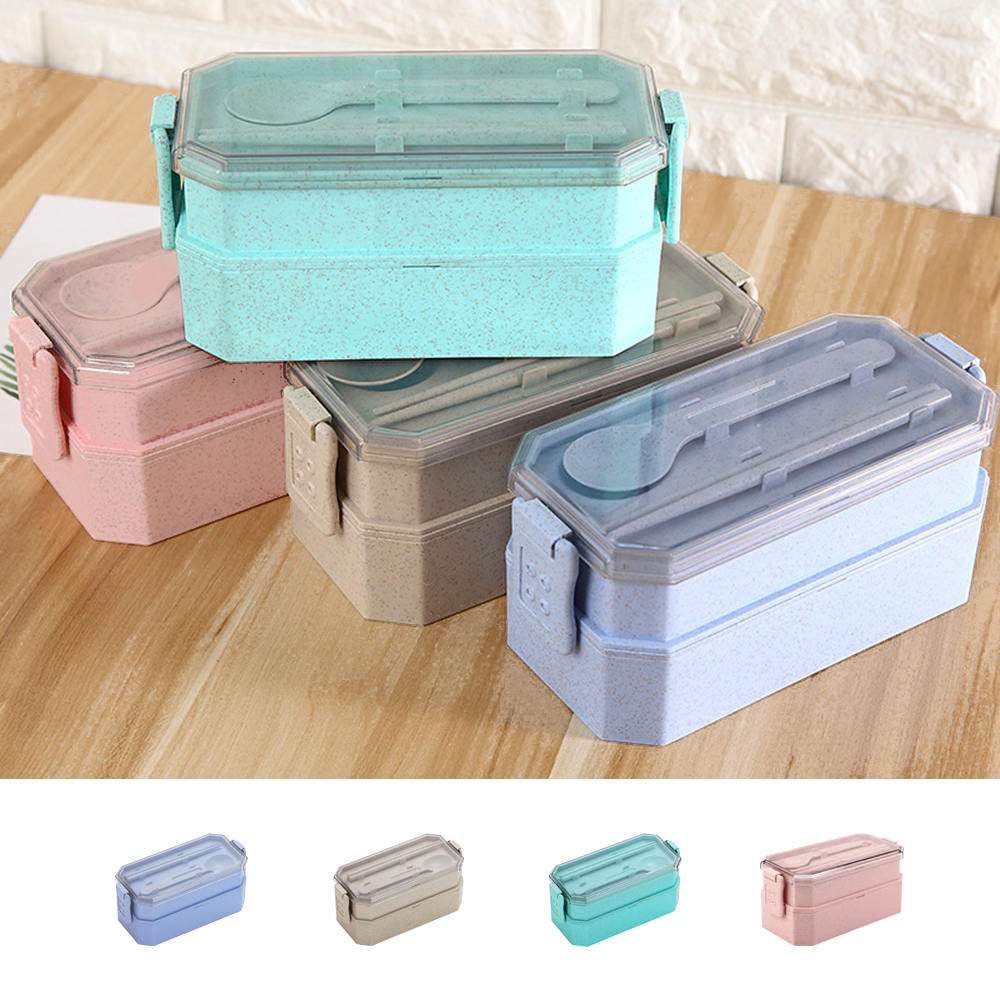 Double Stackable Bento Box With Cutlery Sealed Separated Lunch Box Kids ...