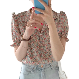 พร้อมส่งจากไทย เสื้อเชิ้ตแขนสั้นคอวีลายดอกไม้ เสื้อเกาหลีผู้หญิง