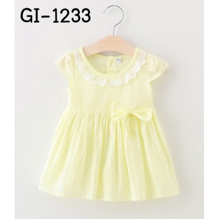ชุดเดรสเด็กผู้หญิง สีเหลือง แขนสั้นคอระบายลูกไม้ ติดโบว์ GI1233