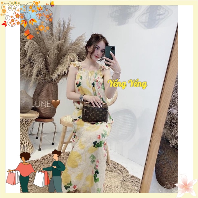 VNU401 - เดรสลายดอกไม้สีฟ้าสีเหลืองพร้อมไหล่ปีกนางฟ้าพร้อมคอม้วน