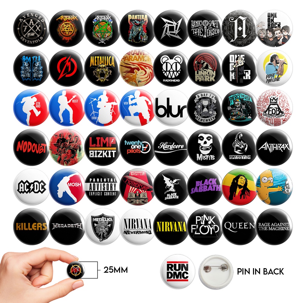 25 มม.ปุ่มขนาดเล็ก Badge Pin Band Part 2 ไม่มีสั่งขั้นต่ํา Nirvana Metallica Pantera Metalcore Hardcore Rock