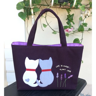 กระเป๋าผ้า แคนวาส แฮนเมด ลายแมว สีม่วงเปลือกมังคุด handmade bag by Siris