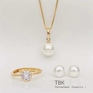 TBK 24K Gold Pearls Pendant Necklace Stud Earrings Adjustable Ring Set for Women 1400s