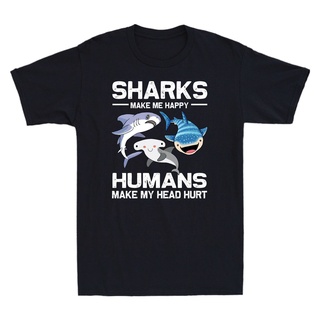 เสื้อยืดผ้าฝ้าย GILDAN เสื้อยืด พิมพ์ลายฉลาม Sharks Make Me Happy Hu Make My Head Hurt คุณภาพสูง สําหรับคู่รัก