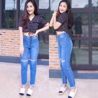 Cc jeans 169 กางเกงยีนส์ผู้หญิง เอวสูง บอย ขาด