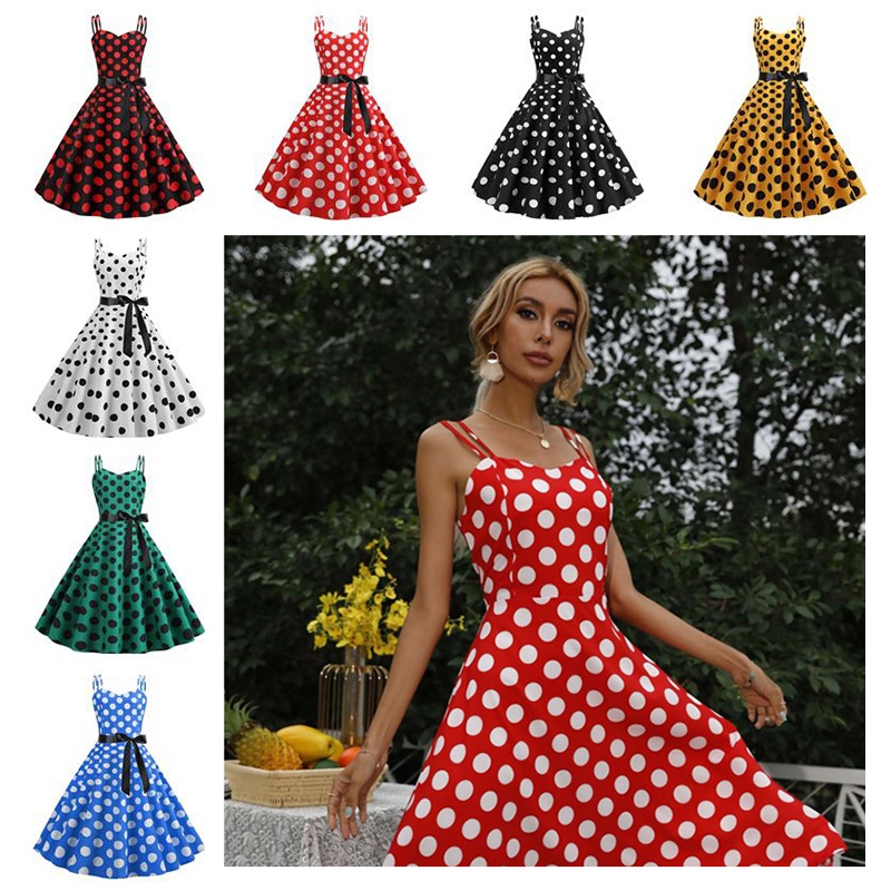 ❥Retro 50s 60s Rockabilly❥สลิงเซ็กซี่ Retro Hepburn Polka Dot Swing Dress Dot Show Dress แขนกุด Slim