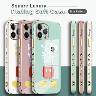 สําหรับ OPPO Reno 7 7Z 6 6Z Z Pro Plus 4G 5G เคสโทรศัพท์รูปแบบด้านข้างพิมพ์การ์ตูนน่ารัก(ตัวอักษรมิกกี้เมาส์)สแควร์ชุบเคสแบบหรูหรากรอบชุบซิลิโคนนิ่มปลอกเลนส์ป้องกันกันตกเคสมือถือ