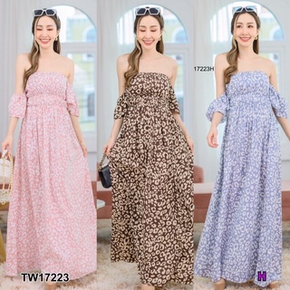 KT17223 แม็กซี่เดรสยาว ปาดไหล่ ผ้าไหมอิตาลี่ สม็อคอก พิมลายทั้งชุด
