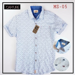 เสื้อเชิ้ตแขนสั้น คอปก ผ้า Cotton100% ลายอักษร M สีฟ้า มีถึงไซส์ 4XL