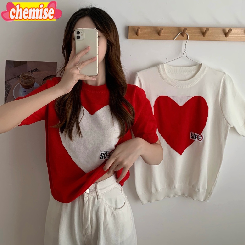 Chemisegrace 9042 พร้อมส่ง สไตส์เกาหลี เสื้อยืดเเขนสั้น&เเขนยาว ผู้หญิงโอเวอร์ไซส์ ผ้าไหมพรม สีแดงสีสดมาก