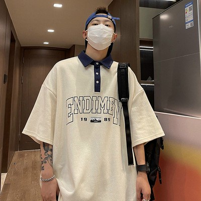 เสื้อโปโลโฟมพิมพ์ลาย DRW - เสื้อยืดผู้หญิง Ulzzang คอโปโลทรงหลวม แขนหลวม SUPER HOT