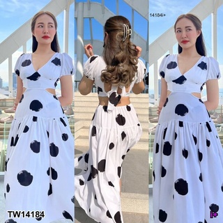 แมกซี่เดรส เว้าเอว แขนตุ๊กตา เว้าหลังผูกโบว์หลัง	Maxi dress, cut-out waist, doll sleeves, back bow tie TT14184