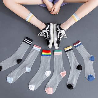 Summer Rainbow Striped Transparent Women Socks Japanese New Style Ultrathin Glass Silk Novelty Female Mid-calf Length Tube Socks