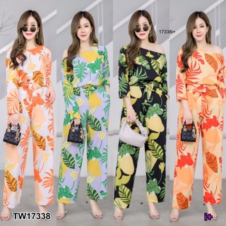 PP17338 Set 2 ชิ้น #สาวอวบ เสื้อปาดไหล่แขนยาว + กางเกงขายาวพิมลาย