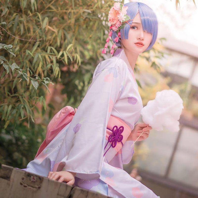 Rem cos Obedience ชีวิตหญิงในอีกโลกหนึ่งจาก Zero Ram Kimono Yukata ชุดคอสเพลย์ + วิกผม