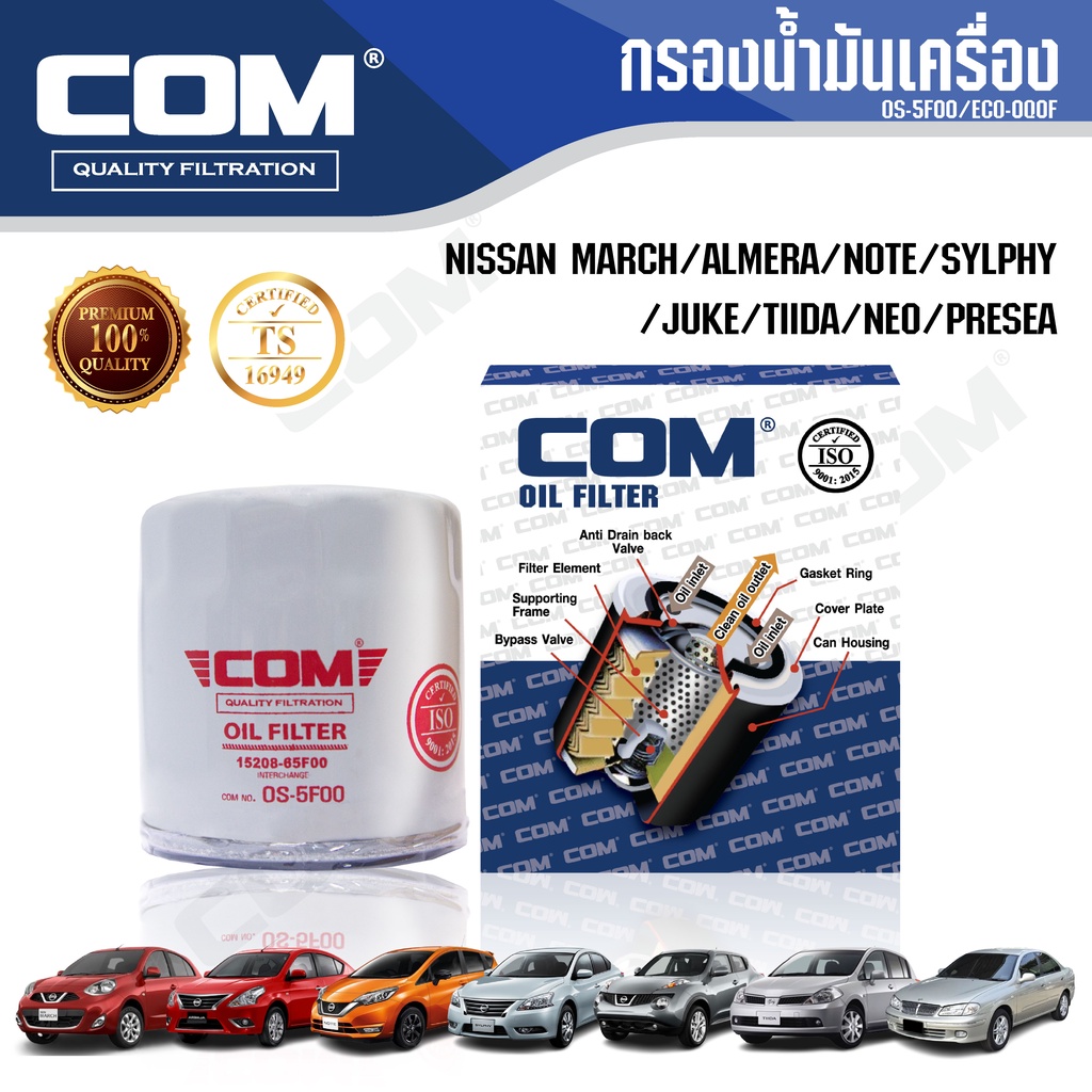 กรองน้ำมันเครื่อง NISSAN ALMERA, MARCH, TEANA, X-TRAIL, NOTE, SYLPHY, JUKE, TIIDA  ไส้กรอง COM