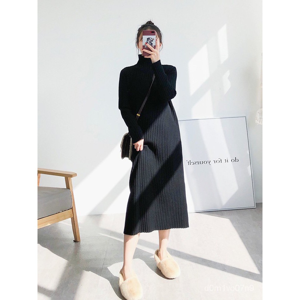 Autumn and Winter Long Woolen Skirt below the Knee Korean Style Half Turtleneck Black Primer Inner Knitted Dress Women's