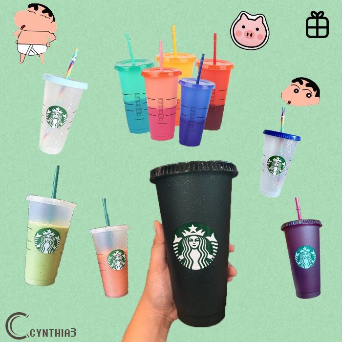 Star-bucks แก้วน้ําพลาสติกเปลี่ยนสีได้พร้อมฝาปิด ~cynt3