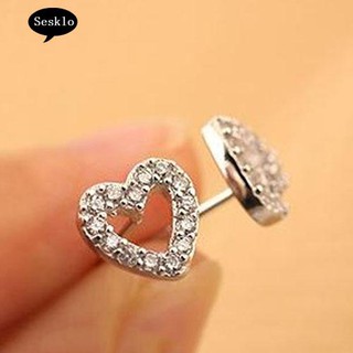 เครื่องประดับต่างหูแบบติดหูแฟชั่นสตรีรูปหัวใจชุบเงินตกแต่ง rhinestone