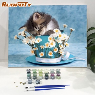 Ruopoty ภาพวาดสีน้ํามันอะคริลิค บนผ้าใบ รูปนกฮูก แมวน่ารัก ขนาด 40X50 ซม. สําหรับตกแต่งบ้าน DIY