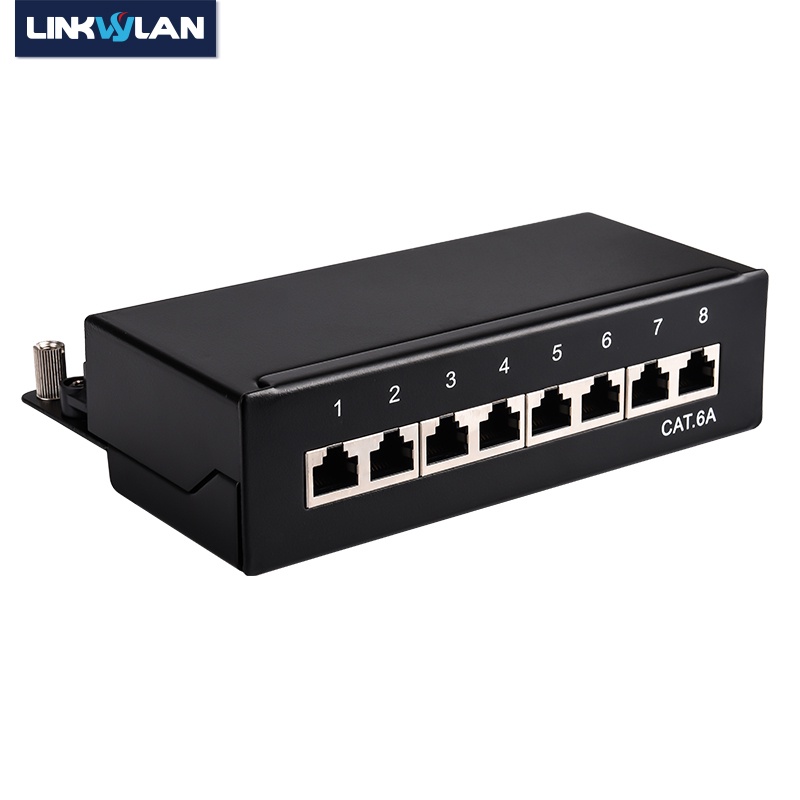 Linkwylan Mini Desktop CAT6A Cat6 8-Port Patch Panel Full Shielded Available สําหรับติดผนัง (แผ่นหลังมีรูติดตั้งรวมชุดสกรู)