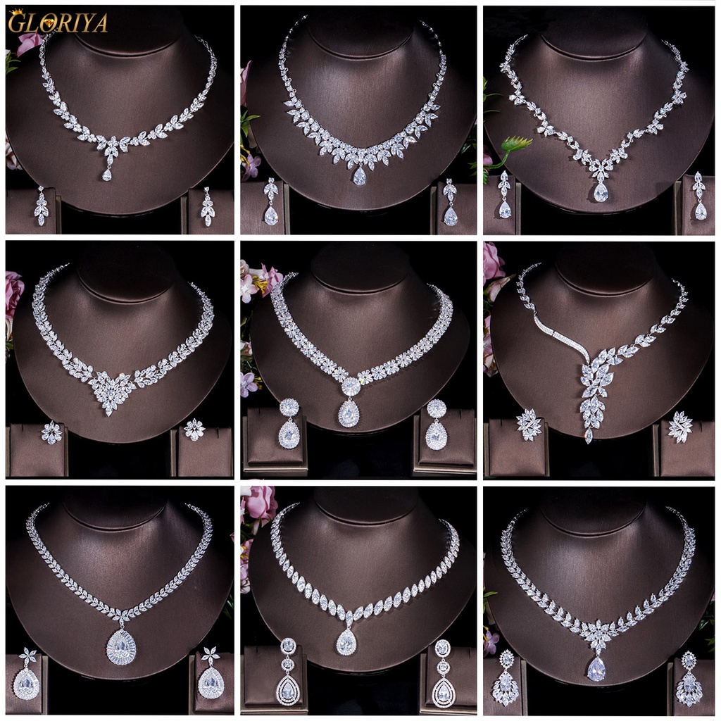 Gloriya Gorgeous CZ Zirconia เพชรคริสตัลจี้สร้อยคอต่างหูผู้หญิงเจ้าสาวงานแต่งงานสีขาว Gold Plated ชุดเครื่องประดับ JS147