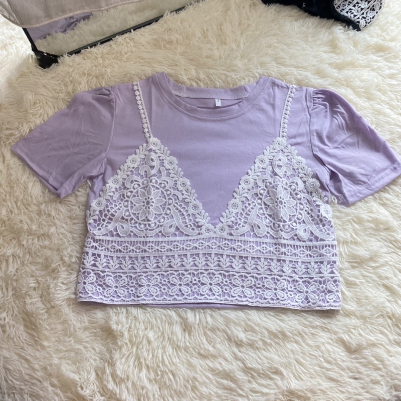 พร้อมส่งจากไทย✅ เสื้อครอป คอกลม แขนสั้น แต่งลูกไม้