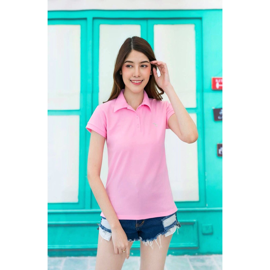 เสื้อโปโลหญิงสีชมพูกลาง คอปก