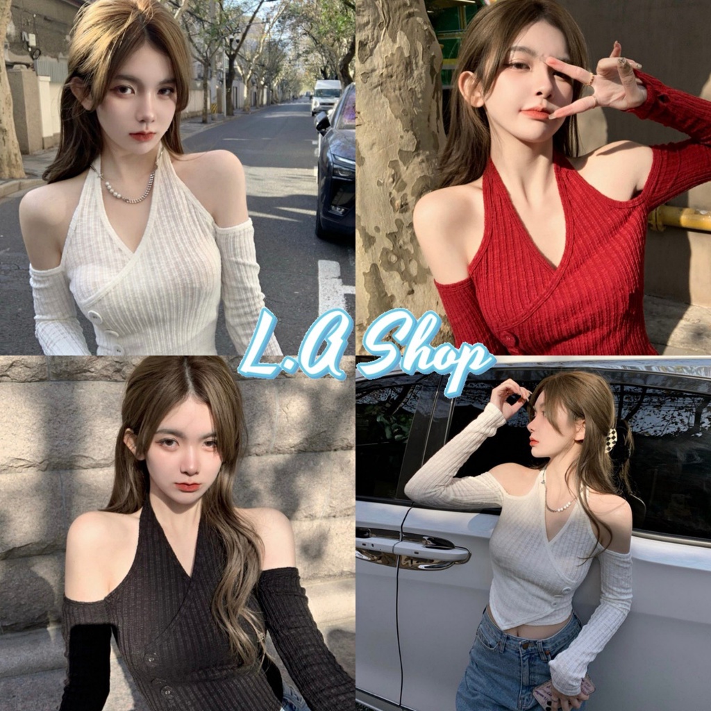 L.A Shop พร้อมส่ง เสื้อไหมพรมเปิดไหล่ แขนยาวคล้องคอดีเทลกระดุมเสื้อเฉียงผ้าร่อง "37015"