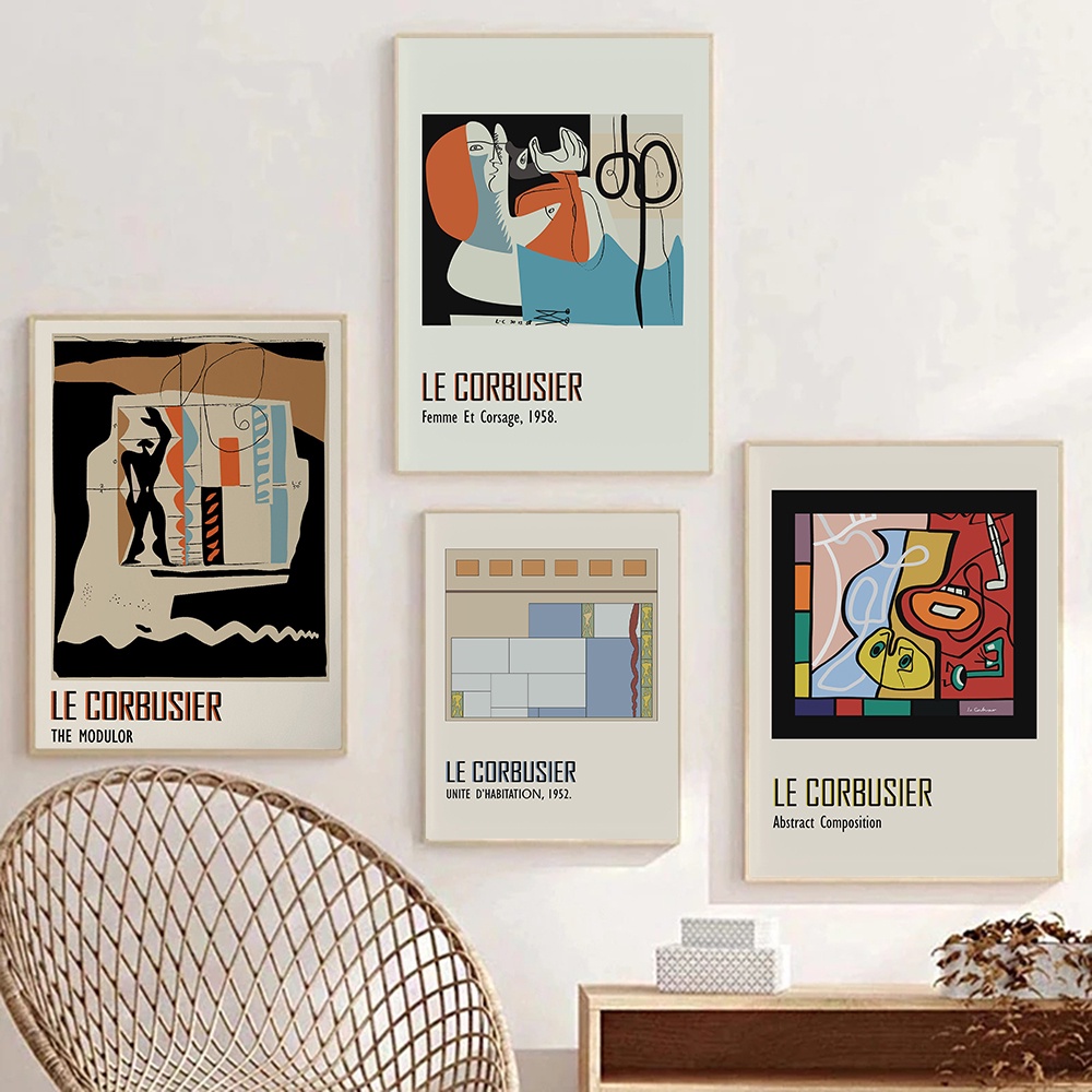 โปสเตอร์แสดงงานศิลปะ Le Corbusier ในสไตล์ Cubism แบบintage สำหรับตกแต่งผนังบ้าน
