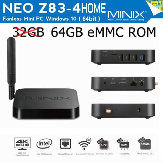 MINIX NEO Z83 - 4 Home Mini PC 64bit Windows 10 (4GB DDR3 RAM / 64GB eMMC 5.1 ROM )