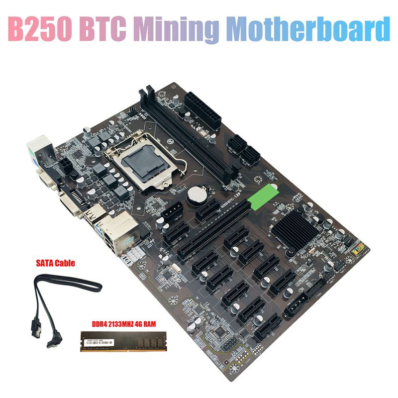 B250C BTC Mining Motherboard with DDR4 2133MHZ 4G RAM+SATA Cable 12XPCIE to USB3.0 Card Slot LGA1151 for BTC Miner FSD7