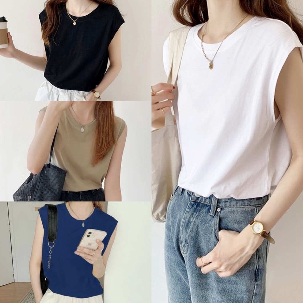 ราคาถูกที่สุด เสื้อยืดคอกลมแขนกุด สีพื้น 6 สี รุ่นเย็บขอบแขน