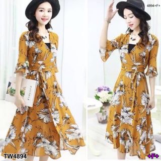 &lt;TW4894&gt;Maxidress แม็กซี่เดรสลายดอกทรงกิโมโน คอวีไข้วอก แขนระบาย พิมพ์ลายดอก เนื้อผ้าโลนัลโด้ มีชิบด้านหลัง