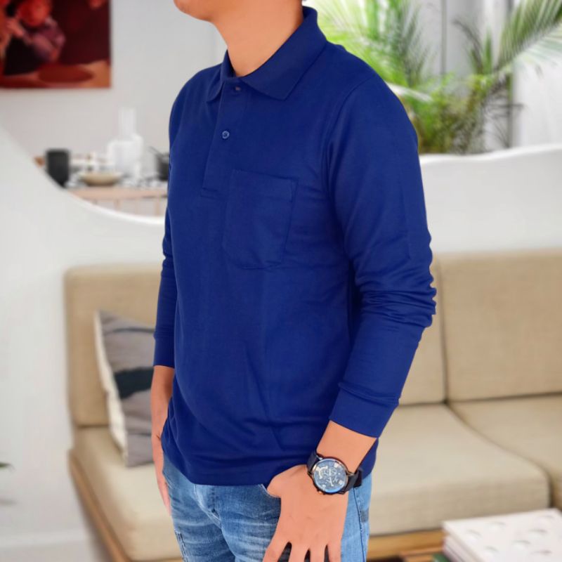 เสื้อโปโลแขนยาว ผู้ชาย สีกรม มีกระเป๋าอกข้างซ้าย งานตัดเย็บคุณภาพเยี่ยม เกรดพรีเมี่ยม