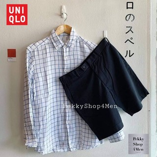 Uniqlo เสื้อเชิ้ตยูนิโคล่ ผ้าลินินขาวลายตารางน้ำเงิน