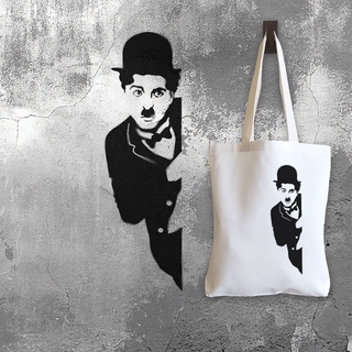 กระเป๋าผ้าแคนวาส สไตล์ที่ 61 สกรีนลายสไตล์พ่นสีสเปร์ย แนว Street Art ลาย ชาร์ลี แชปลิน Charlie-Chaplin