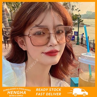 (HENGHA) แฟชั่นเกาหลี ขนาดใหญ่ กรอบสี่เหลี่ยม ที่มีสีสัน โลหะ แว่นกันแดด วัด ใหม่ แฟชั่น ไร้กรอบ กันแดด