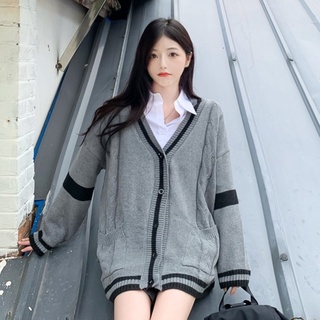 shop24📱สต็อกไทย เสื้อคลุมแขนยาว คาร์ดิแกนไหมพรมทรงใหญ่ สีเทาแต่งขอบดำ มีกระเป๋าหน้า กันหนาวดี