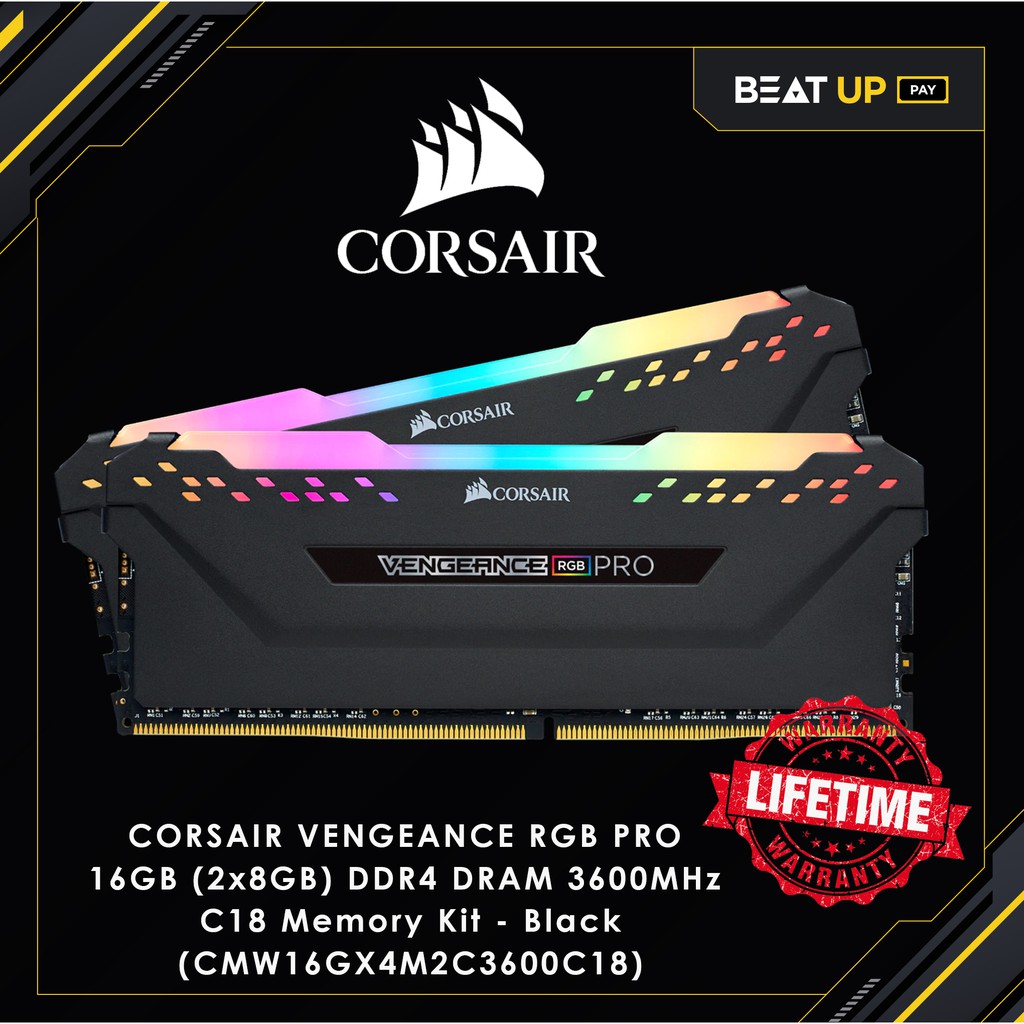 Corsair VENGEANCE RGB PRO DDR4 แรมตั้งโต๊ะ 16GB (2X8Gb) 3600MHZ สีดํา C18 CMW16GX4M2C3600C18