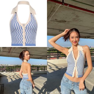 💫New💫(พร้อมส่ง) Zigzag blue top เสื้อครอปคล้องคอ