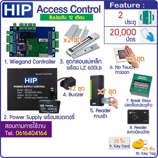 HIP Access Control ควบคุม 2 ประตู ทาบบัตรเข้า กดสวิทซ์ออก อุปกรณ์ครบชุด บัตรคีย์การ์ด 125KHz หรือ MiFare 13.56MHz