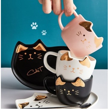 เซทแก้วกาแฟลายแมวน่ารัก แก้วช้อนพร้อมถาด3in1 มีพร้อมส่ง