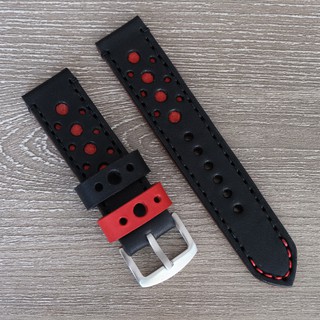 สายนาฬิกาหนังแท้ แนว Rallye racing strap สี  ดำแดง รุ่น Subaru watch strap สายนาฬิกา พร้อมบัคเคิล