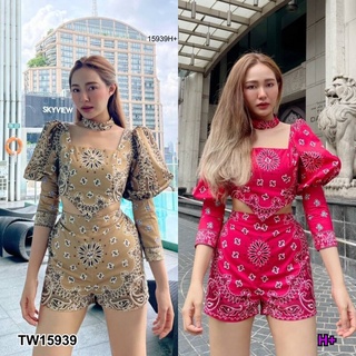 👗Pfashion [ส่งไว!!🚛] P15939 set 3 ชิ้น เสื้อไหล่ตั้งทรงบอลลูน + กางเกงขาสั้น + ปลอกคอ Set of 3 pieces, balloon