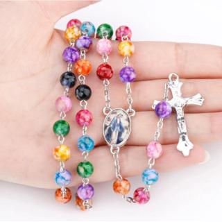 New Arrival Polymer Clay Round Bead Catholic Rosary Necklace Statement Colorful Beads Cross Religious Necklaces