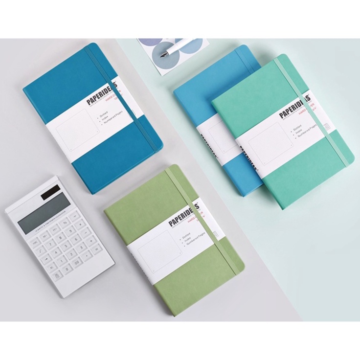 บูโจ Paperideas กระดาษลายจุด (dot) ปกแข็ง ธีมสีพาสเทล มีเลขหน้า สารบัญ ริบบิ้นคั่นหน้า สายรัด และพ็อคเกตที่ปกหลัง