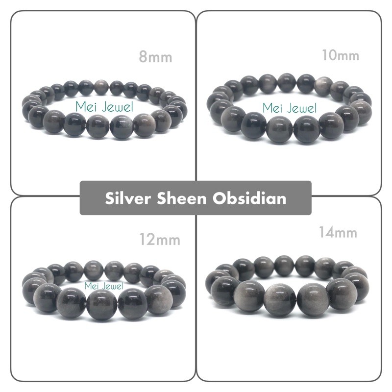 ซิลเวอร์ชีนออบซิเดียน(Silver Sheen Obsidian) จะเลื่อมสีเงินคะ มี8mm, 10mm, 12mmและ 14mm หินนำโชคแท้100%